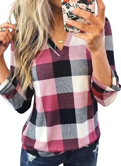 Pink Black White Checkered Long Sleeve V-Neck Blouse image 4